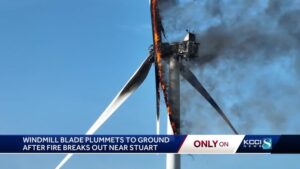 A wind turbine burns in Adair County, Iowa.