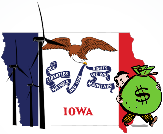 Iowa flag with wind turbines and man carrying money out of state.