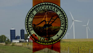 Iowa wind turbine with Buchanan County Seal.