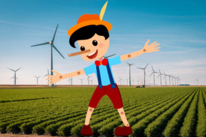 Wind turbine field with Pinocchio puppet list